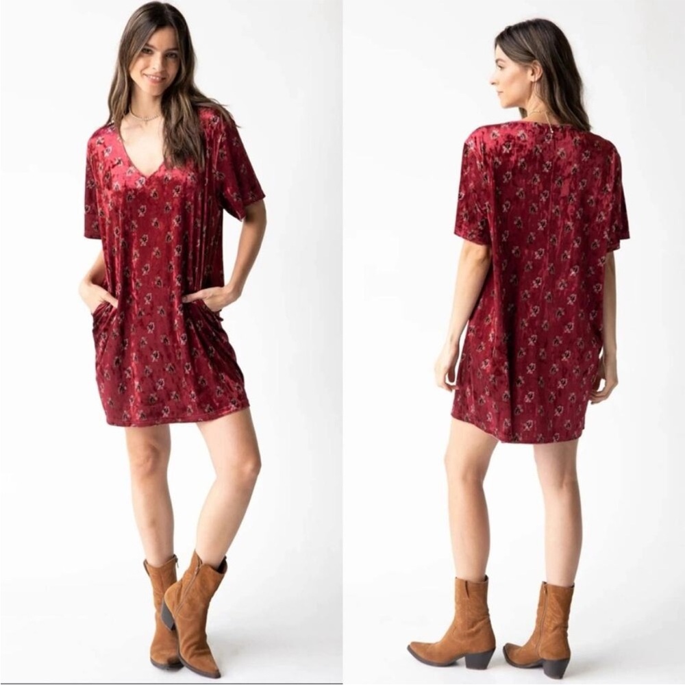 Natural Life red velvet mini dress XL boho peasant